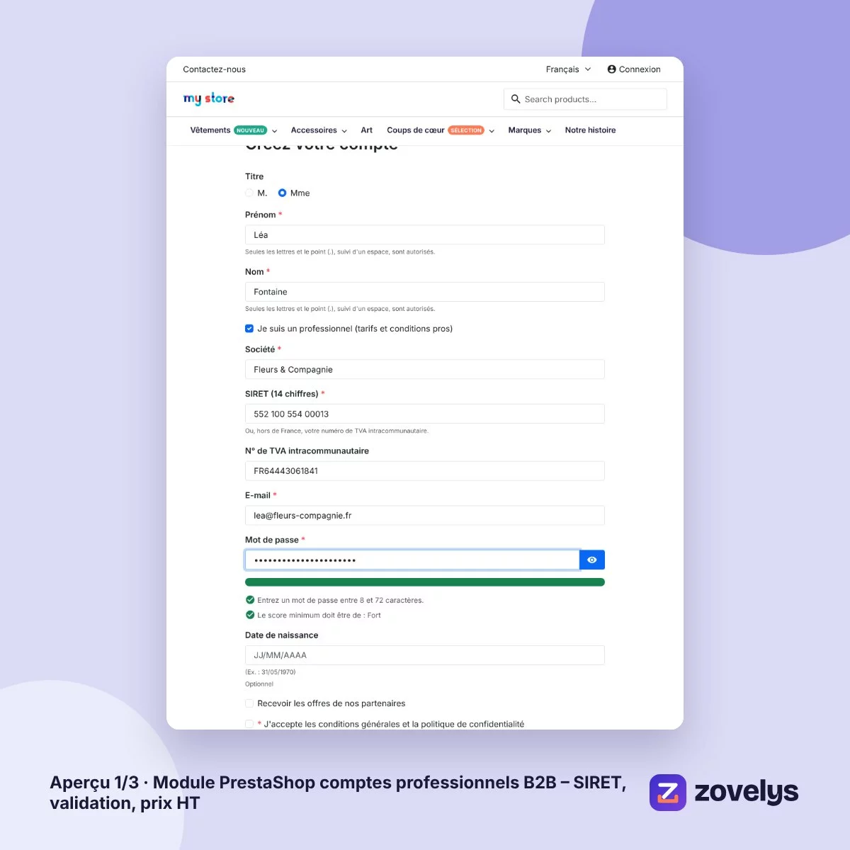 Module PrestaShop comptes professionnels B2B – SIRET, validation, prix HT – aperçu 1