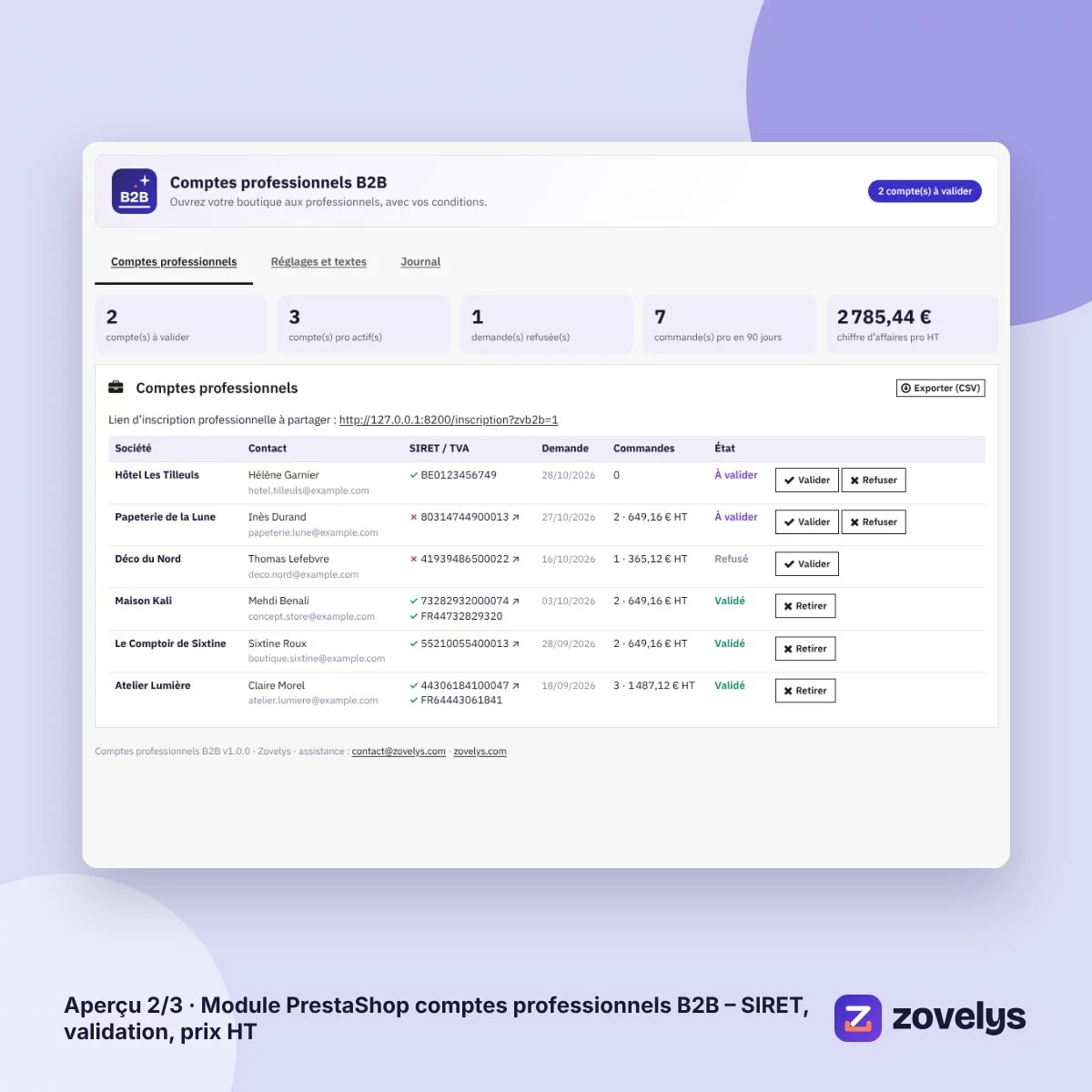 Module PrestaShop comptes professionnels B2B – SIRET, validation, prix HT – aperçu 2