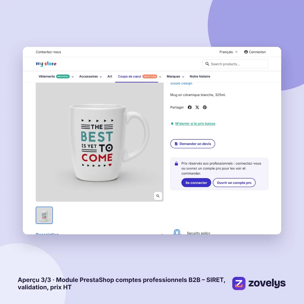Module PrestaShop comptes professionnels B2B – SIRET, validation, prix HT – aperçu 3