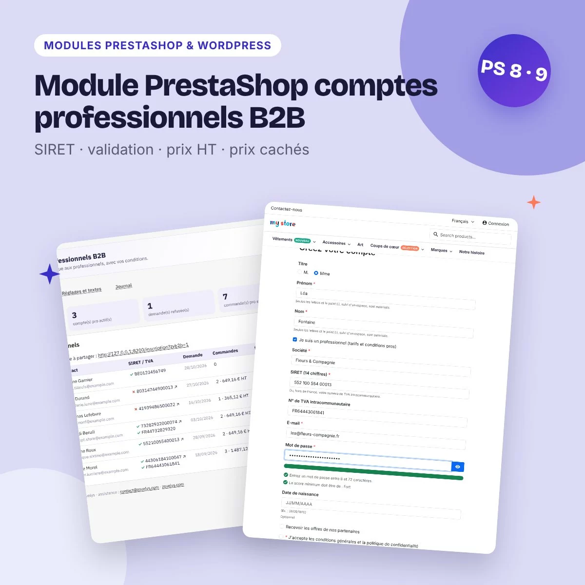 Module PrestaShop comptes professionnels B2B – SIRET, validation, prix HT
