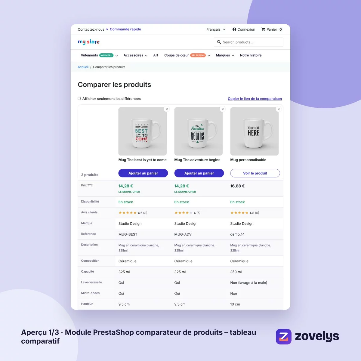 Module PrestaShop comparateur de produits – tableau comparatif – aperçu 1