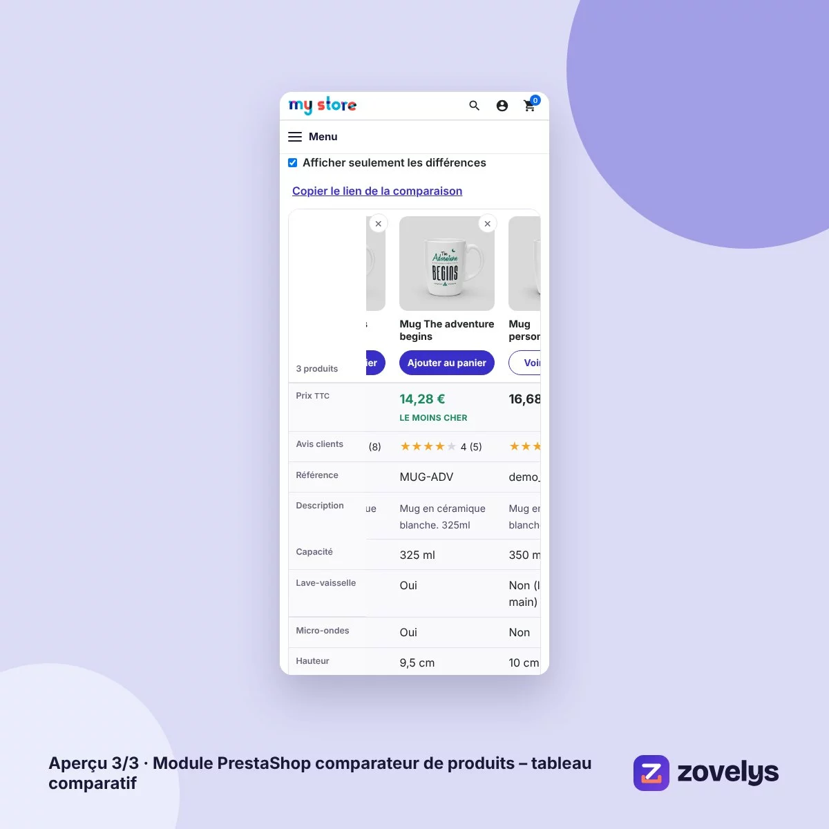 Module PrestaShop comparateur de produits – tableau comparatif – aperçu 3
