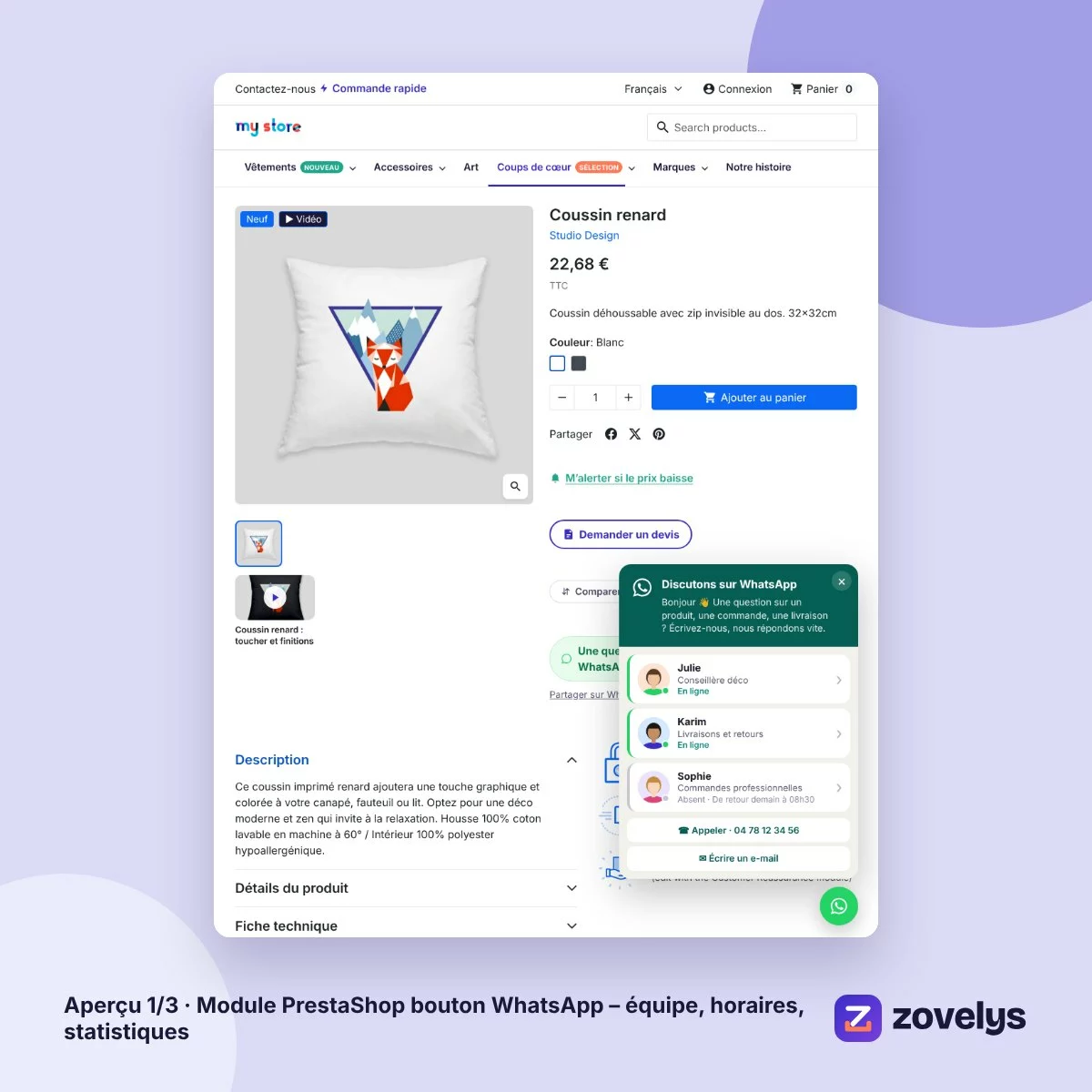 Module PrestaShop bouton WhatsApp – équipe, horaires, statistiques – aperçu 1