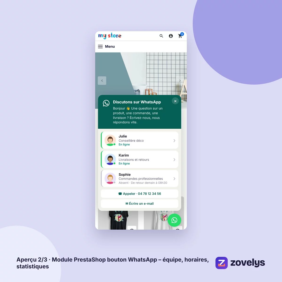 Module PrestaShop bouton WhatsApp – équipe, horaires, statistiques – aperçu 2