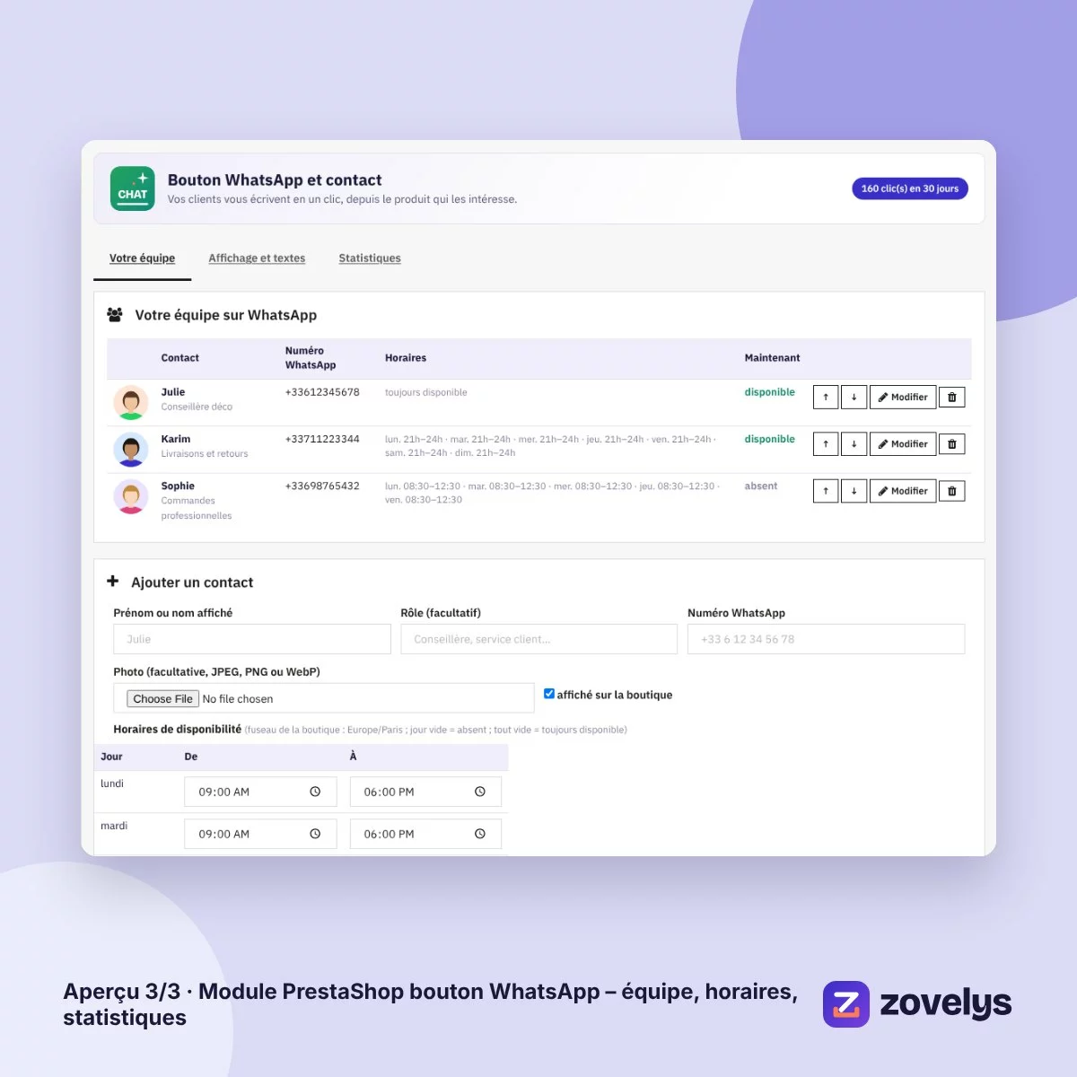 Module PrestaShop bouton WhatsApp – équipe, horaires, statistiques – aperçu 3