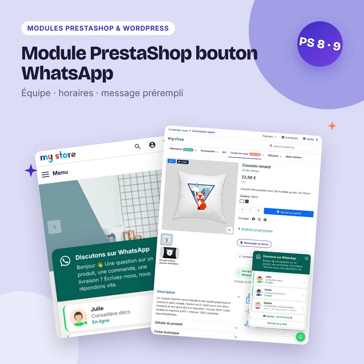 Module PrestaShop bouton WhatsApp – équipe, horaires, statistiques