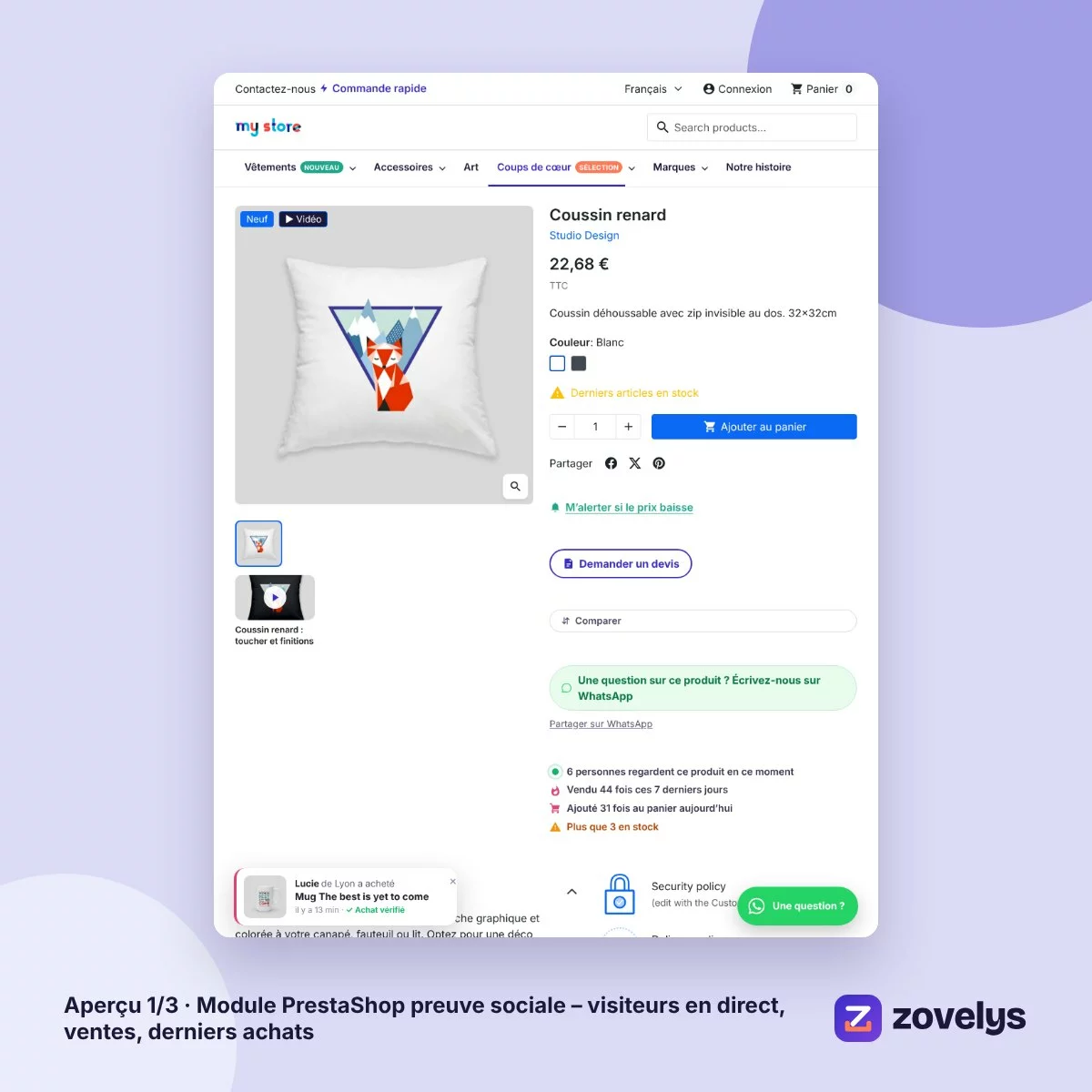 Module PrestaShop preuve sociale – visiteurs en direct, ventes, derniers achats – aperçu 1