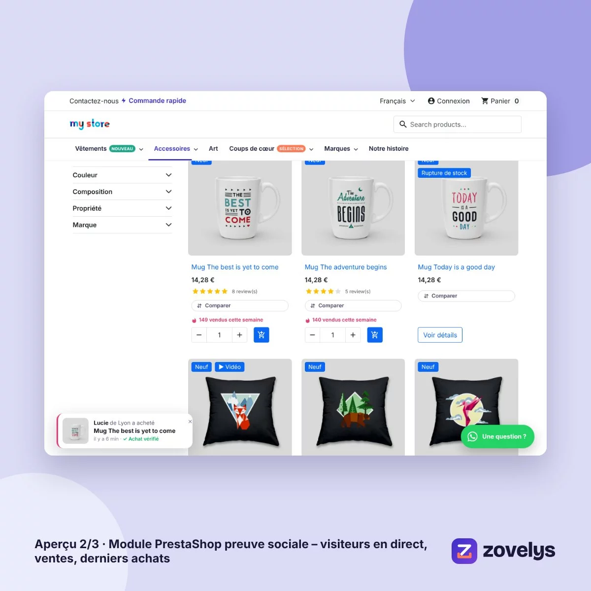 Module PrestaShop preuve sociale – visiteurs en direct, ventes, derniers achats – aperçu 2