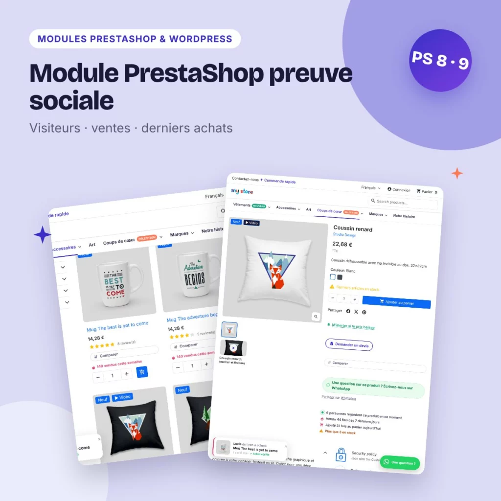 Module PrestaShop preuve sociale – visiteurs en direct, ventes, derniers achats