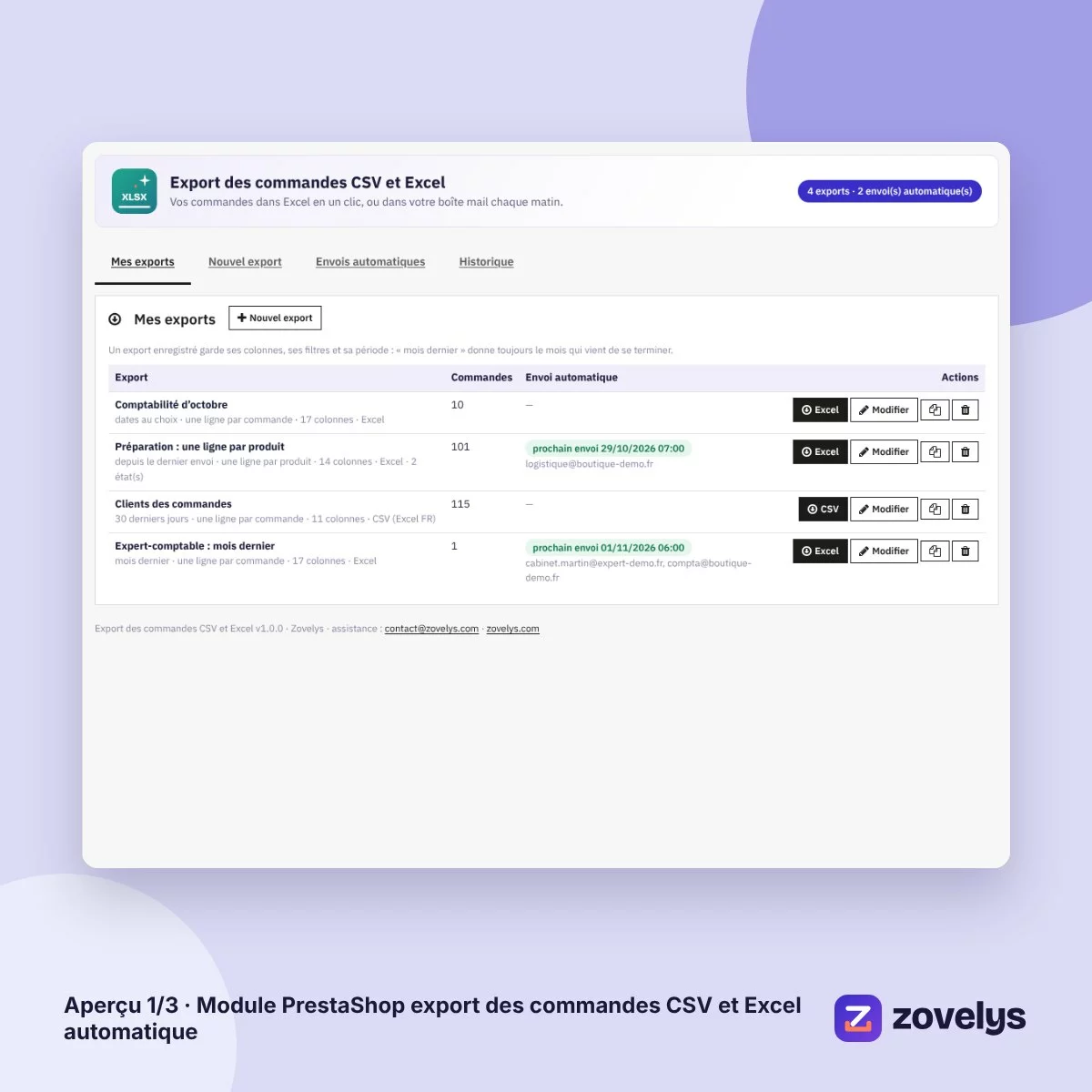 Module PrestaShop export des commandes CSV et Excel automatique – aperçu 1