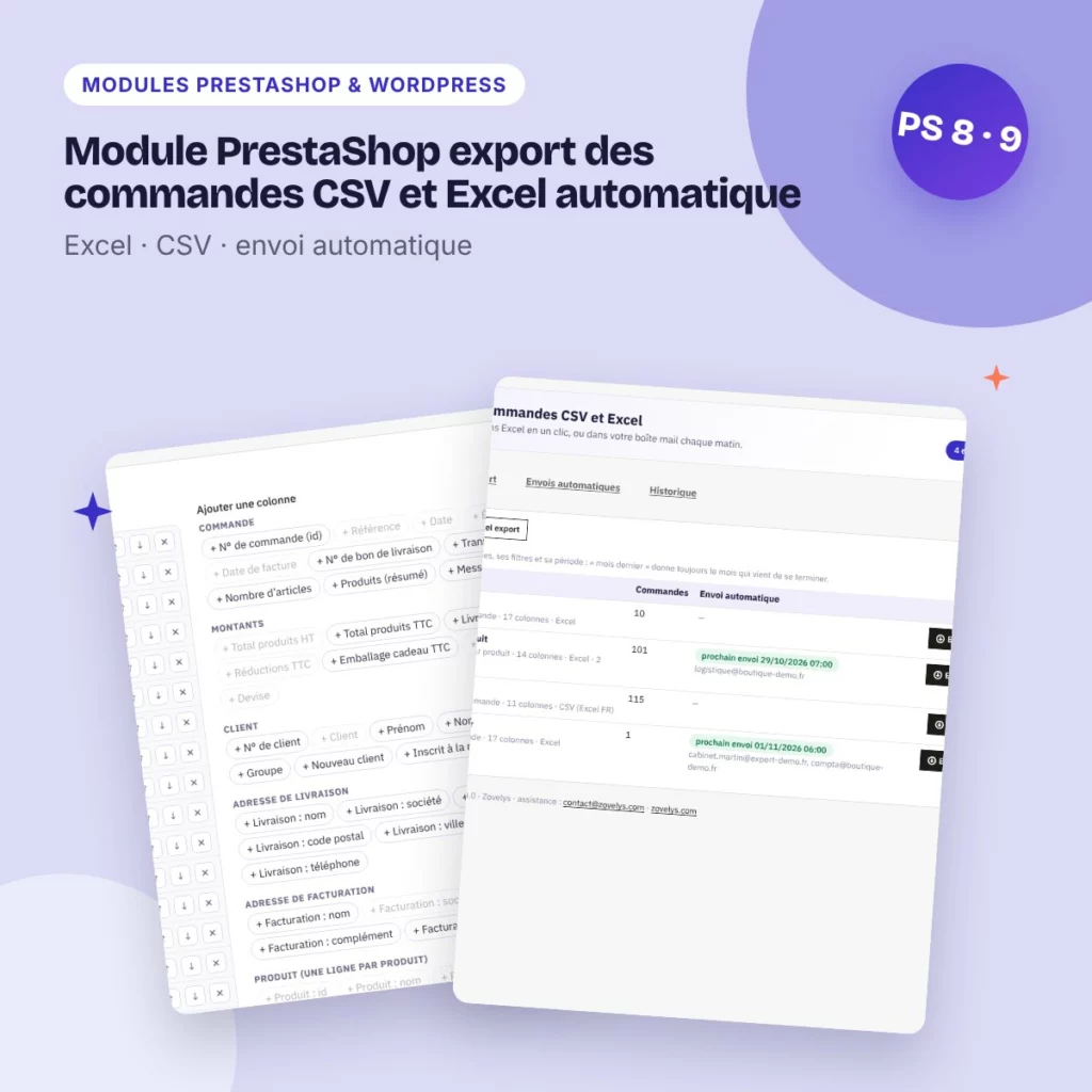 Module PrestaShop export des commandes CSV et Excel automatique