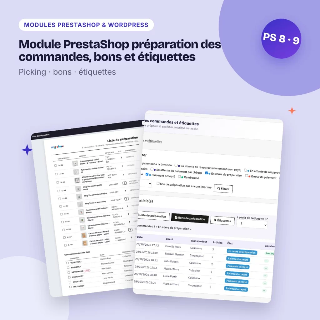 Module PrestaShop préparation des commandes, bons et étiquettes