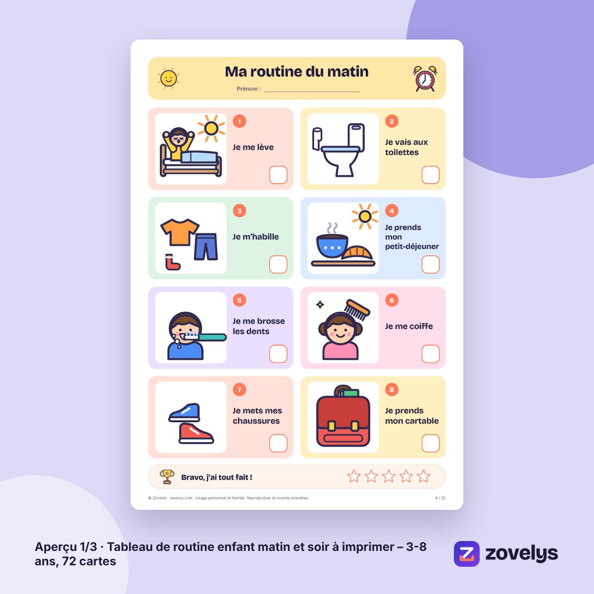 Tableau de routine enfant matin et soir à imprimer – 3-8 ans, 72 cartes – aperçu 1
