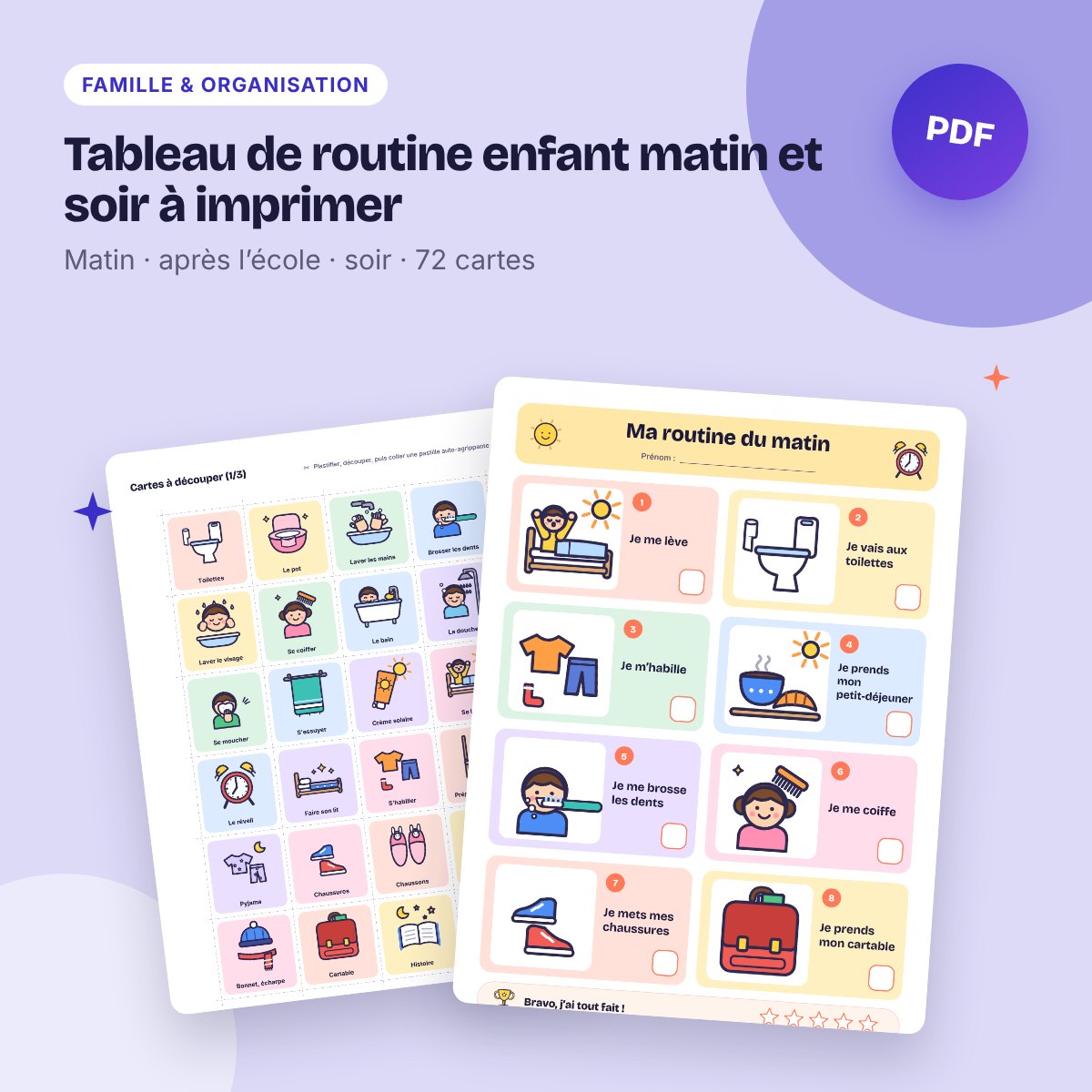 Tableau de routine enfant matin et soir à imprimer – 3-8 ans, 72 cartes