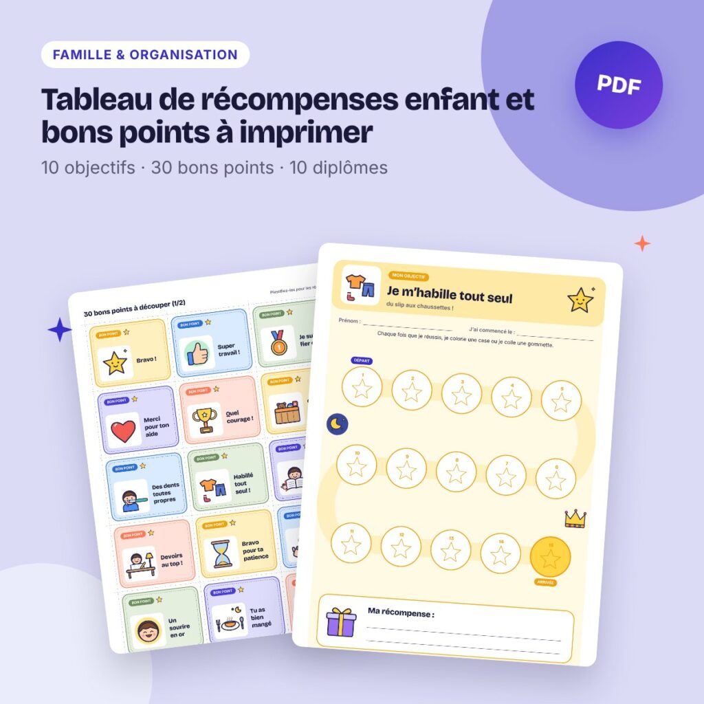 Tableau de récompenses enfant et bons points à imprimer – 10 objectifs