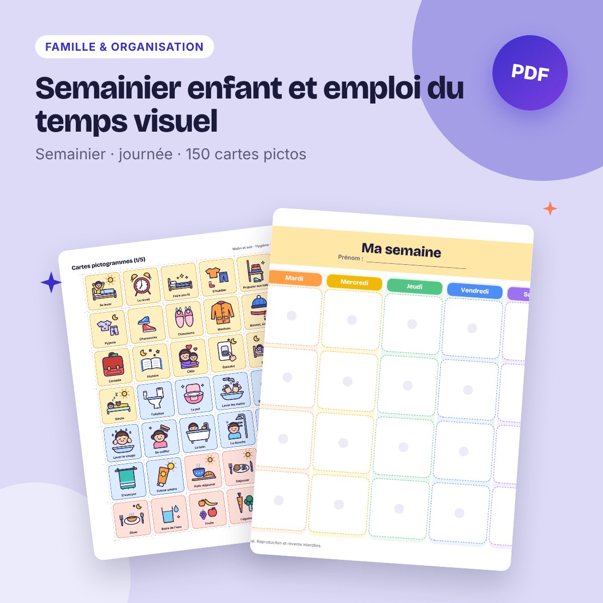Semainier enfant et emploi du temps visuel – 150 pictogrammes à imprimer