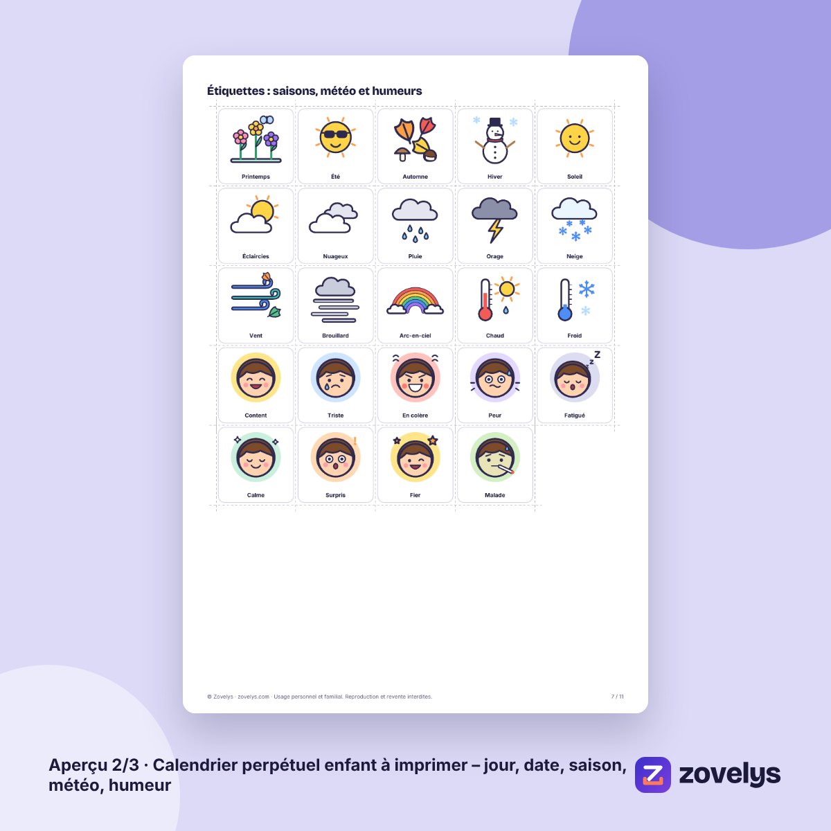 Calendrier perpétuel enfant à imprimer – jour, date, saison, météo, humeur – aperçu 2