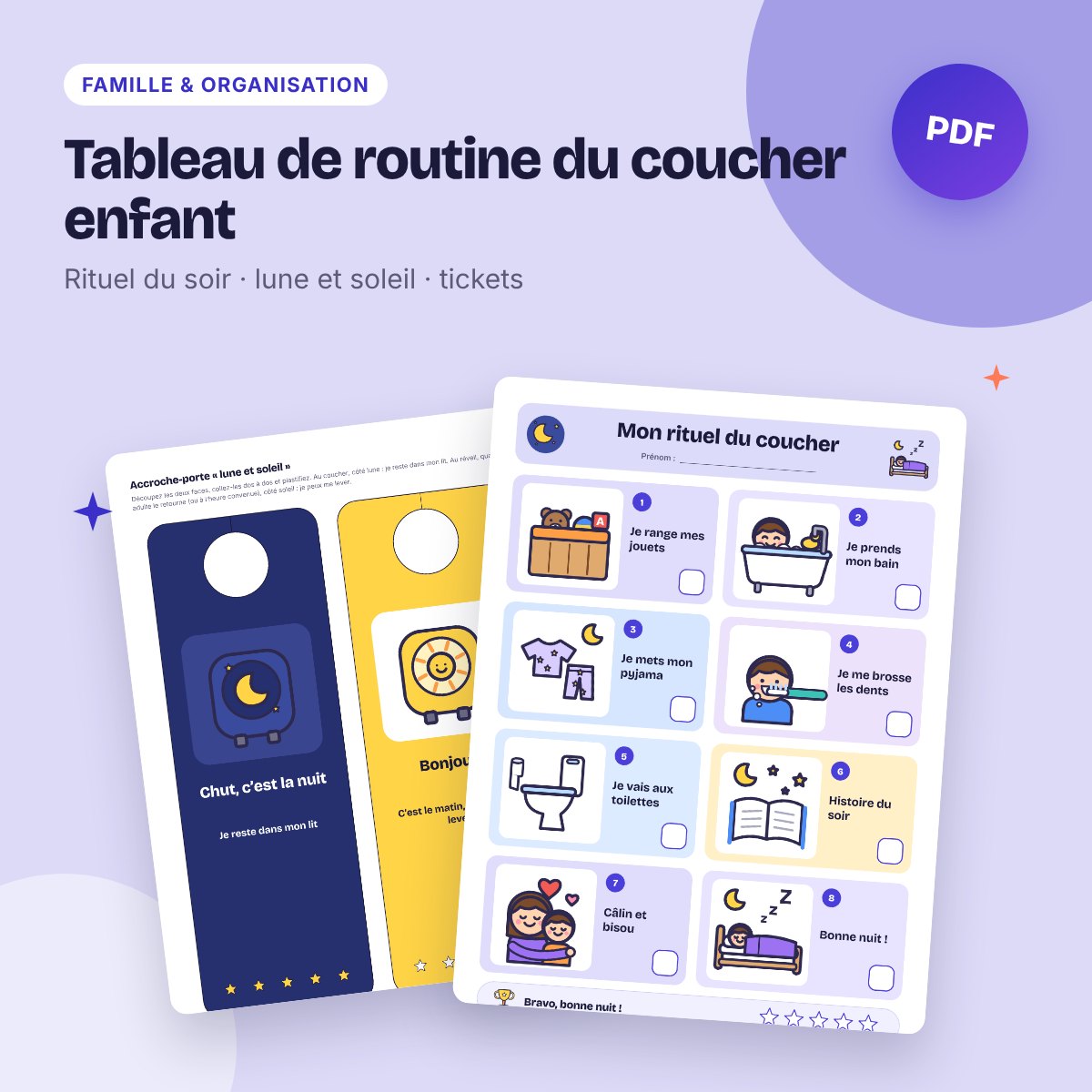 Tableau de routine du coucher enfant – rituel du soir, 3-8 ans