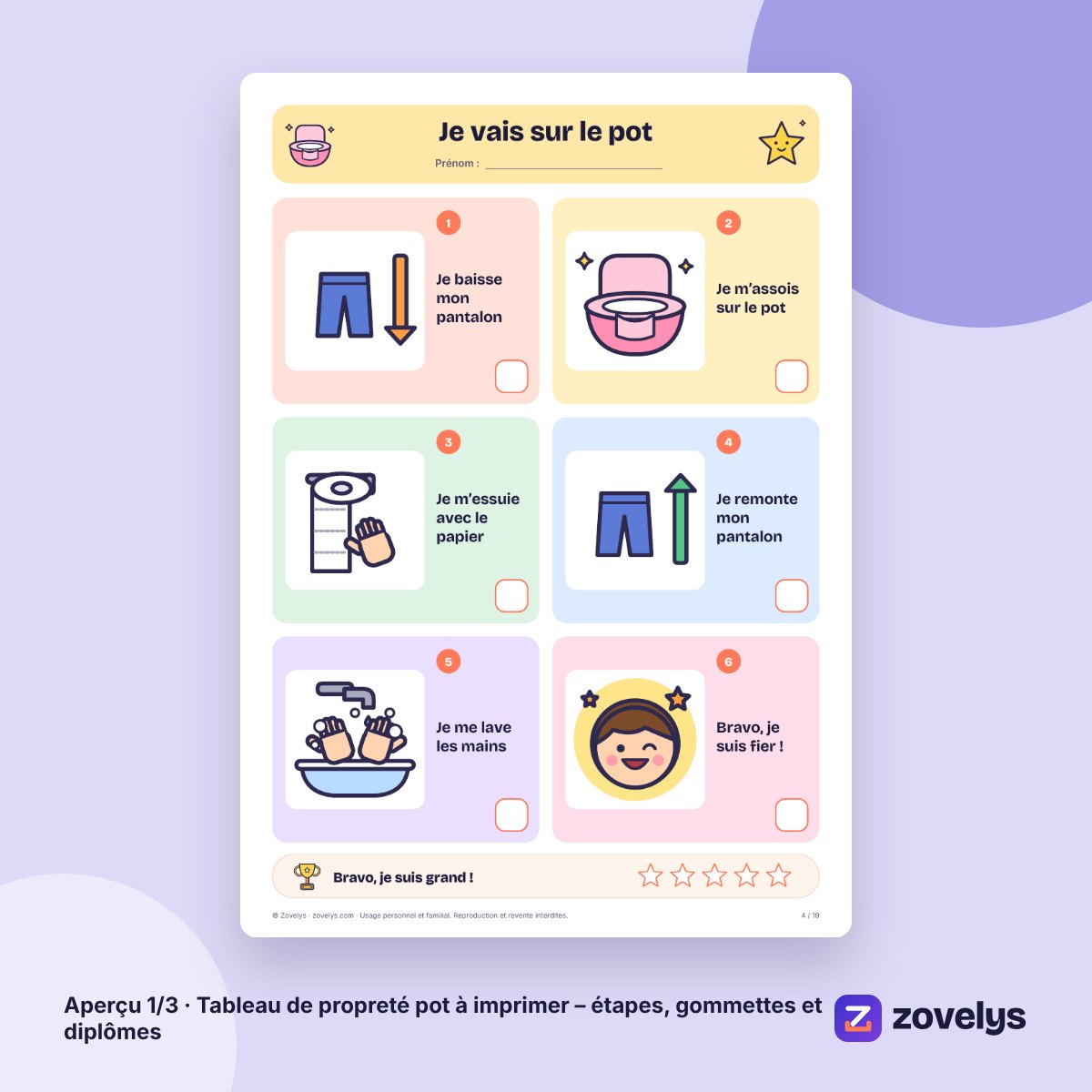 Tableau de propreté pot à imprimer – étapes, gommettes et diplômes – aperçu 1