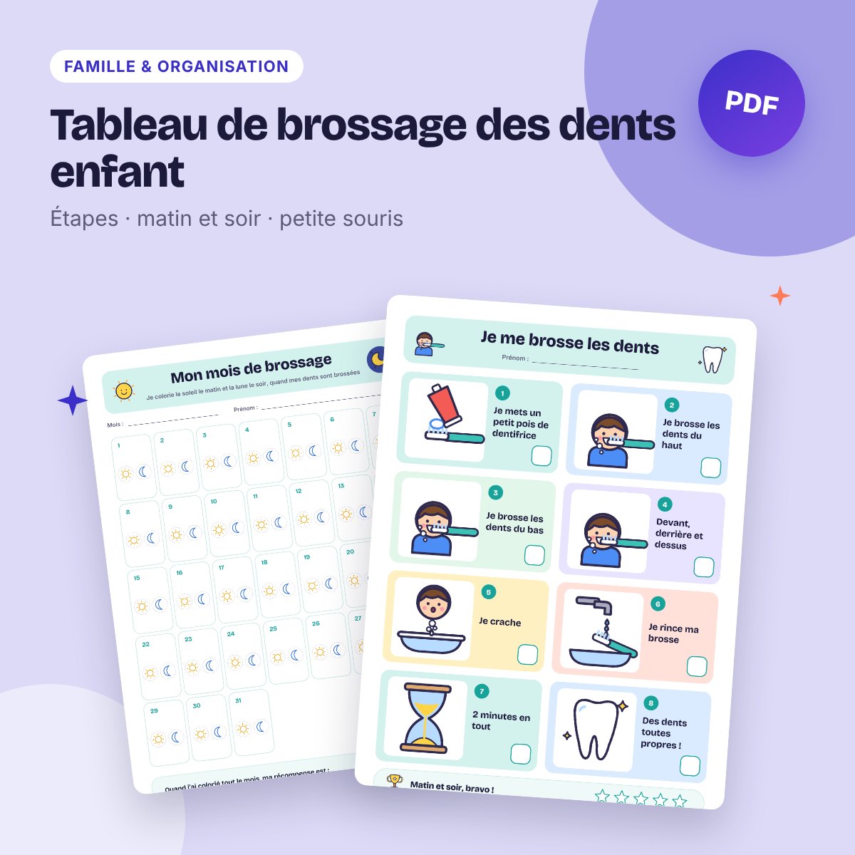 Tableau de brossage des dents enfant – étapes, suivi et petite souris