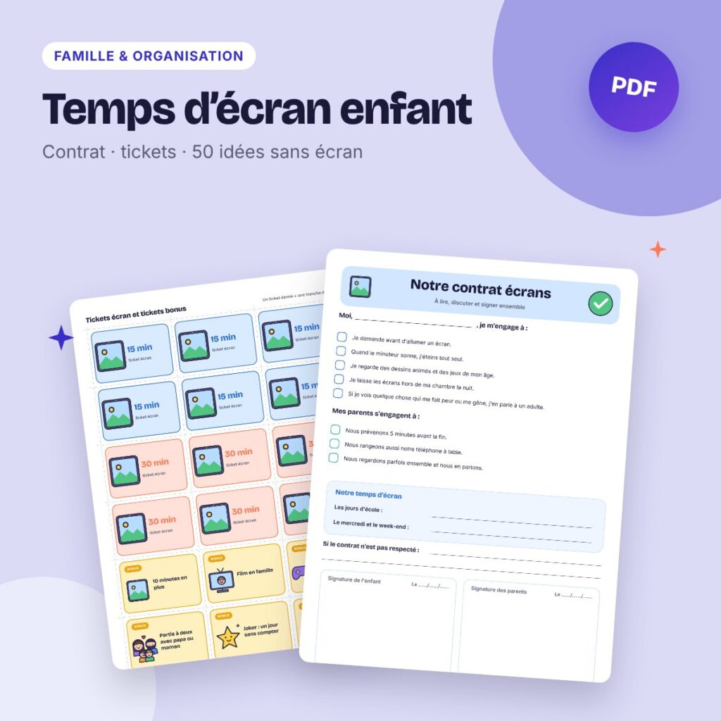 Temps d’écran enfant – contrat à signer, tickets écran et 50 idées sans écran