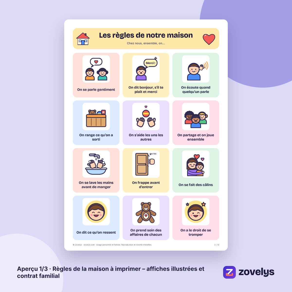 Règles de la maison à imprimer – affiches illustrées et contrat familial – aperçu 1