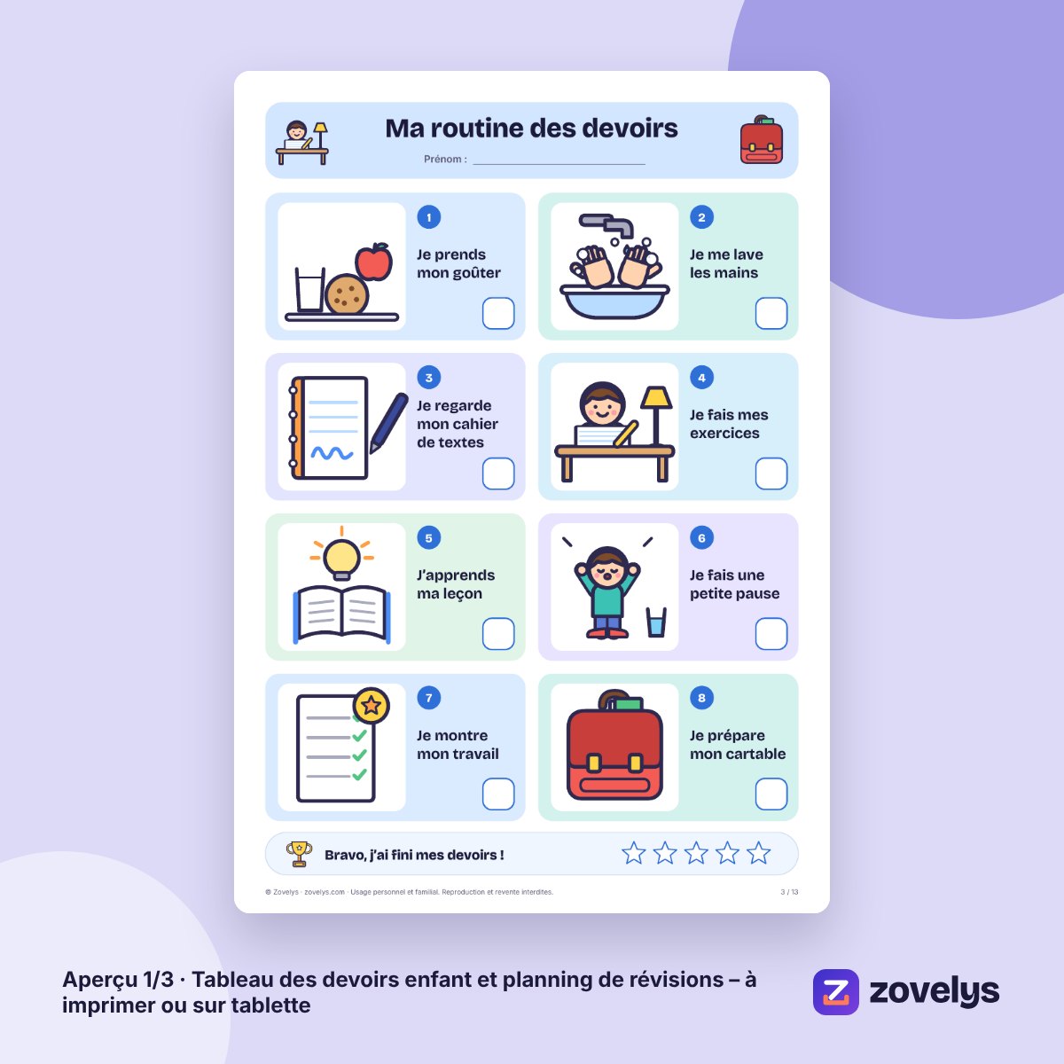 Tableau des devoirs enfant et planning de révisions – à imprimer ou sur tablette – aperçu 1