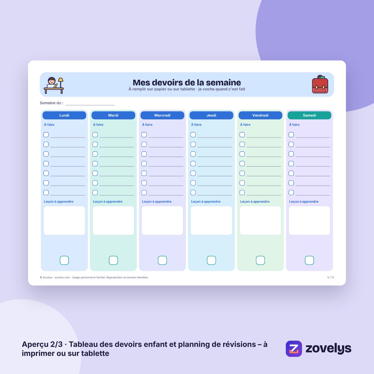 Tableau des devoirs enfant et planning de révisions – à imprimer ou sur tablette – aperçu 2
