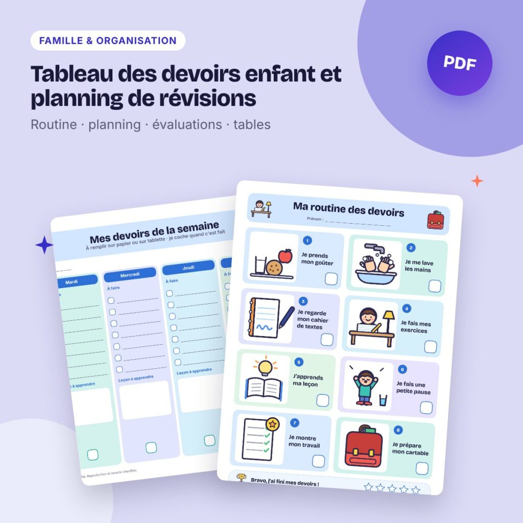 Tableau des devoirs enfant et planning de révisions – à imprimer ou sur tablette