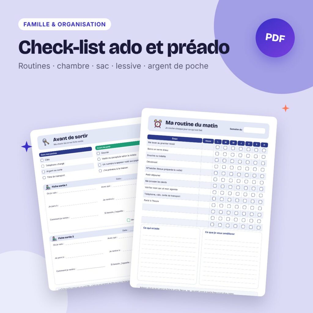 Check-list ado et préado – routines, chambre, sac, lessive et argent de poche