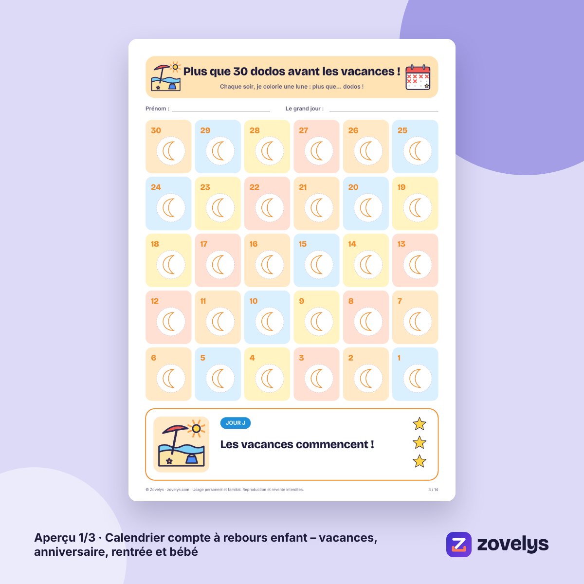 Calendrier compte à rebours enfant – vacances, anniversaire, rentrée et bébé – aperçu 1