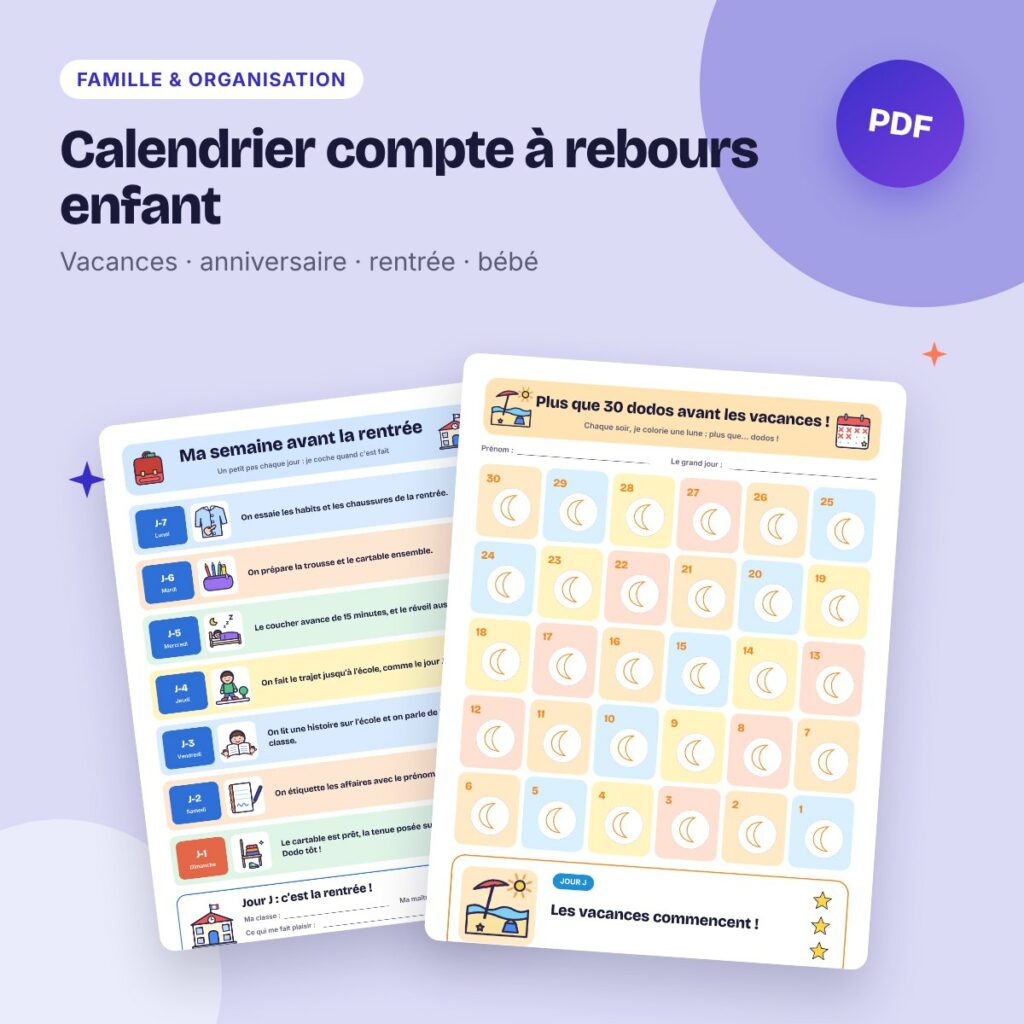 Calendrier compte à rebours enfant – vacances, anniversaire, rentrée et bébé