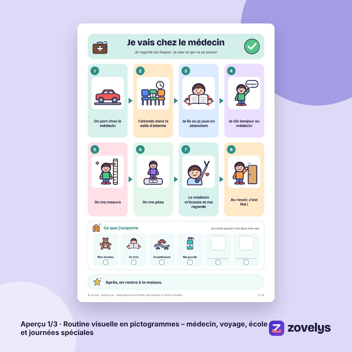 Routine visuelle en pictogrammes – médecin, voyage, école et journées spéciales – aperçu 1