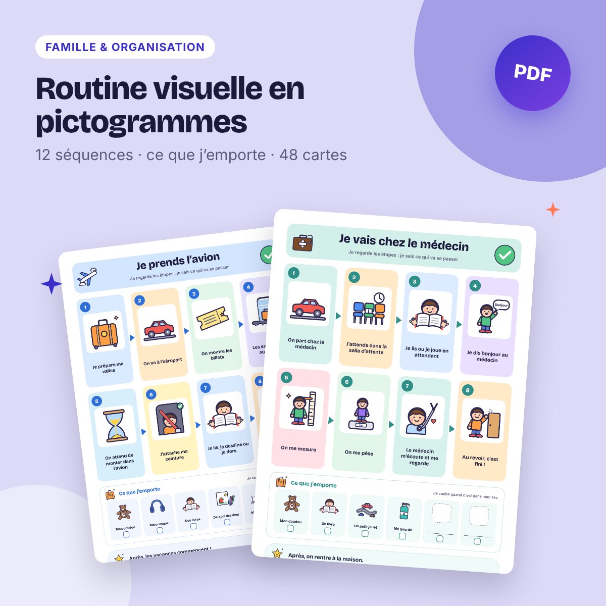 Routine visuelle en pictogrammes – médecin, voyage, école et journées spéciales