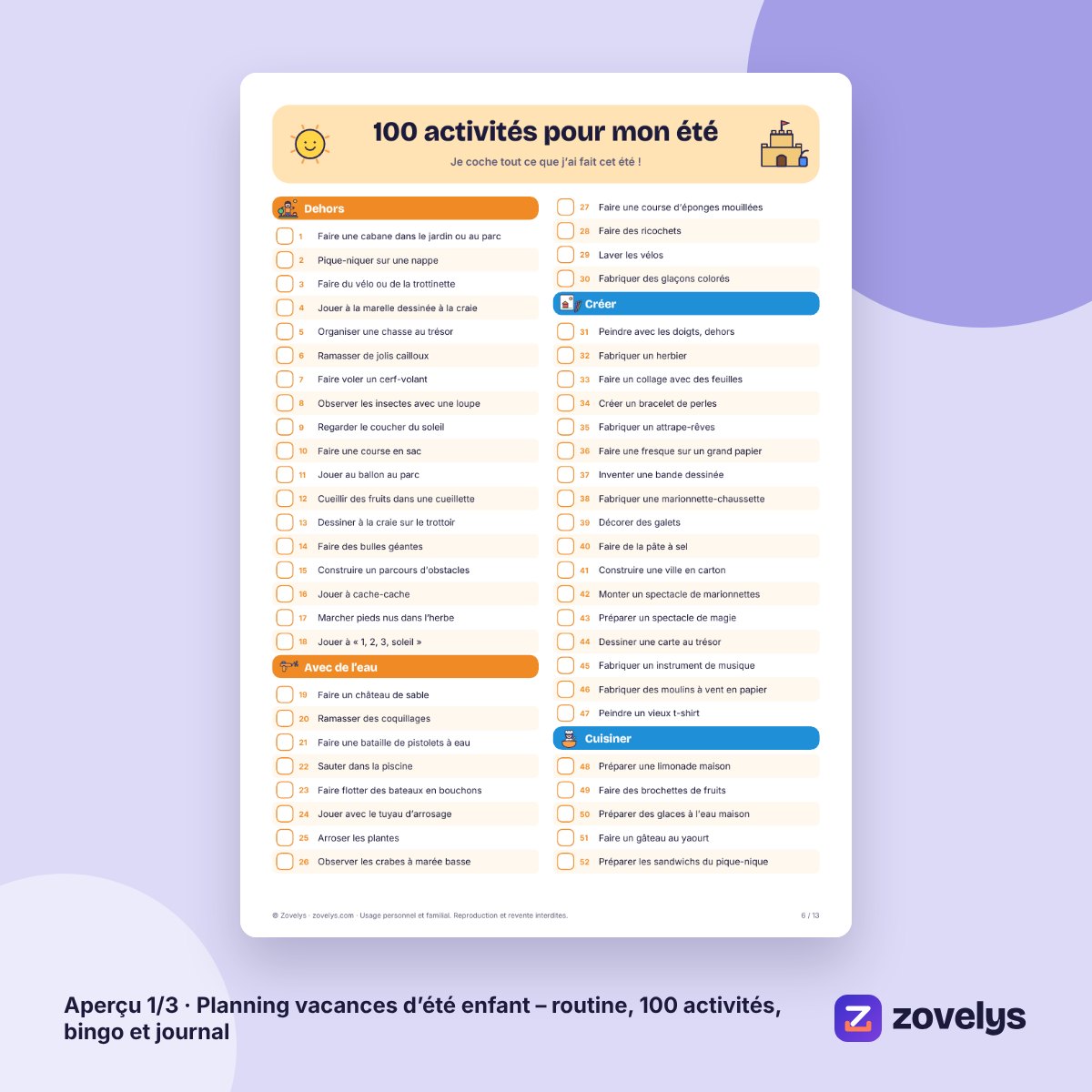 Planning vacances d’été enfant – routine, 100 activités, bingo et journal – aperçu 1
