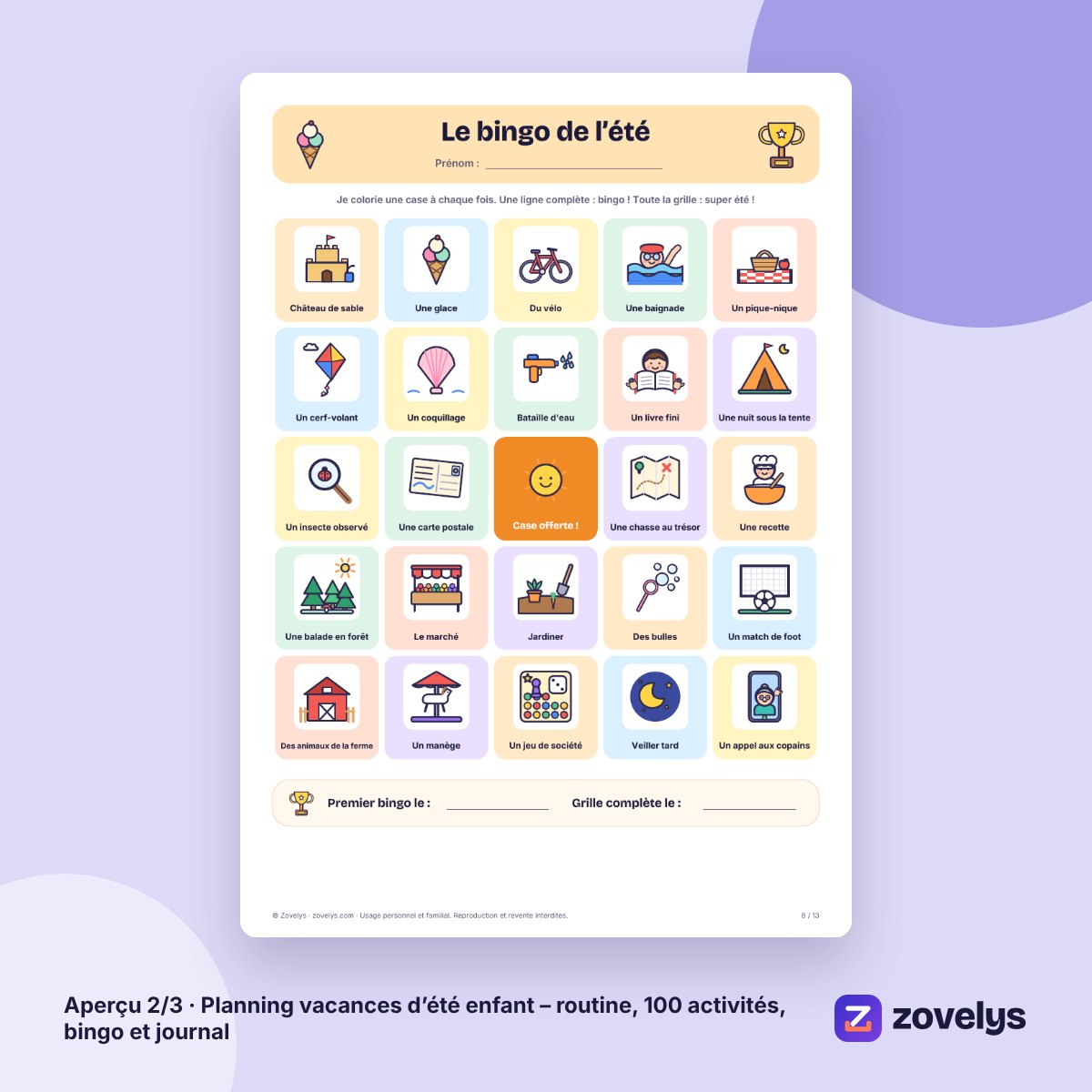 Planning vacances d’été enfant – routine, 100 activités, bingo et journal – aperçu 2