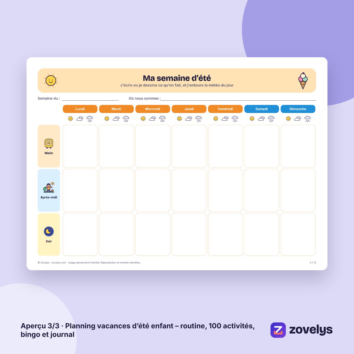 Planning vacances d’été enfant – routine, 100 activités, bingo et journal – aperçu 3