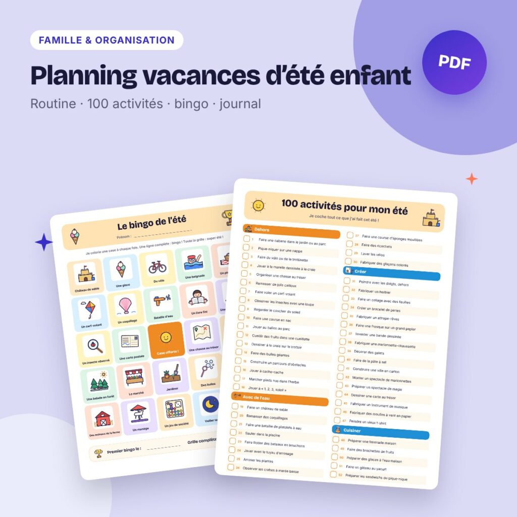 Planning vacances d’été enfant – routine, 100 activités, bingo et journal