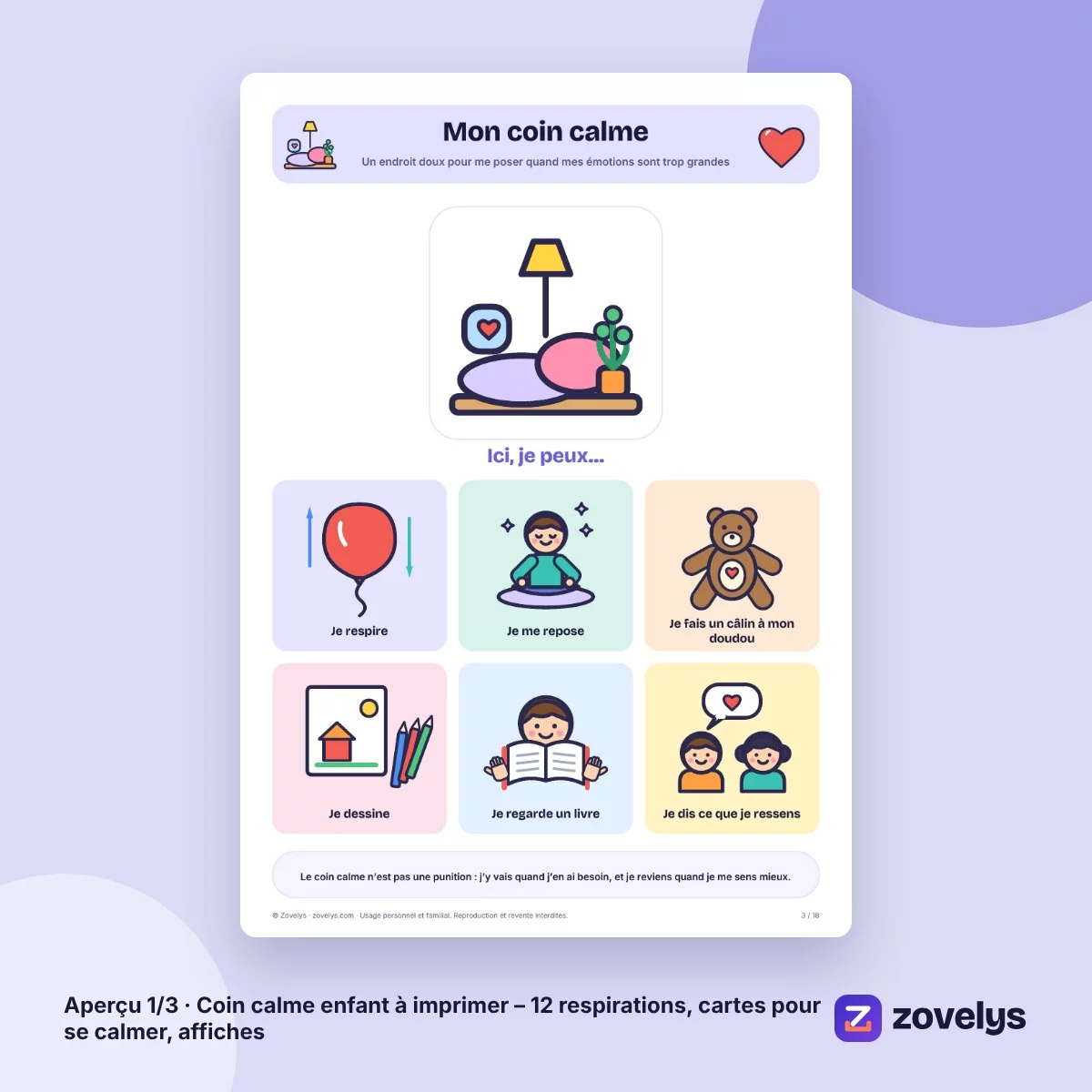 Coin calme enfant à imprimer – 12 respirations, cartes pour se calmer, affiches – aperçu 1