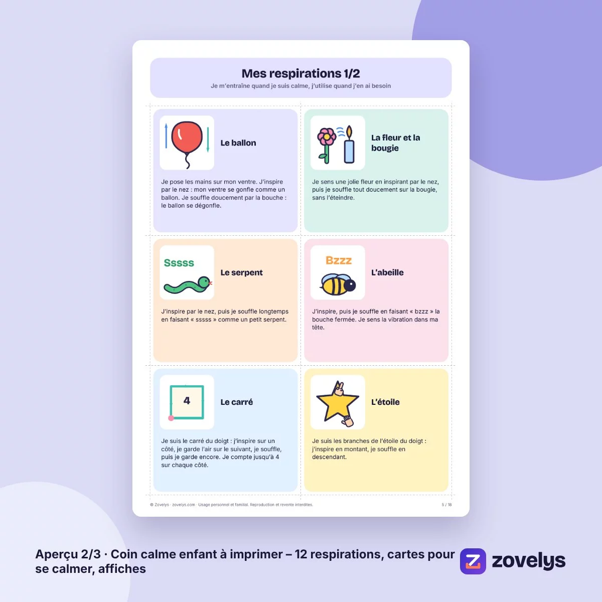 Coin calme enfant à imprimer – 12 respirations, cartes pour se calmer, affiches – aperçu 2