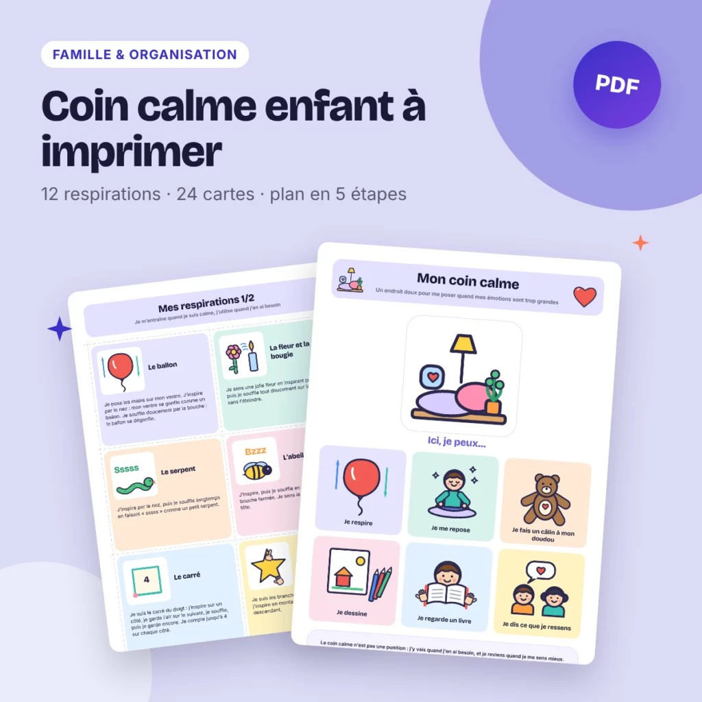 Coin calme enfant à imprimer – 12 respirations, cartes pour se calmer, affiches