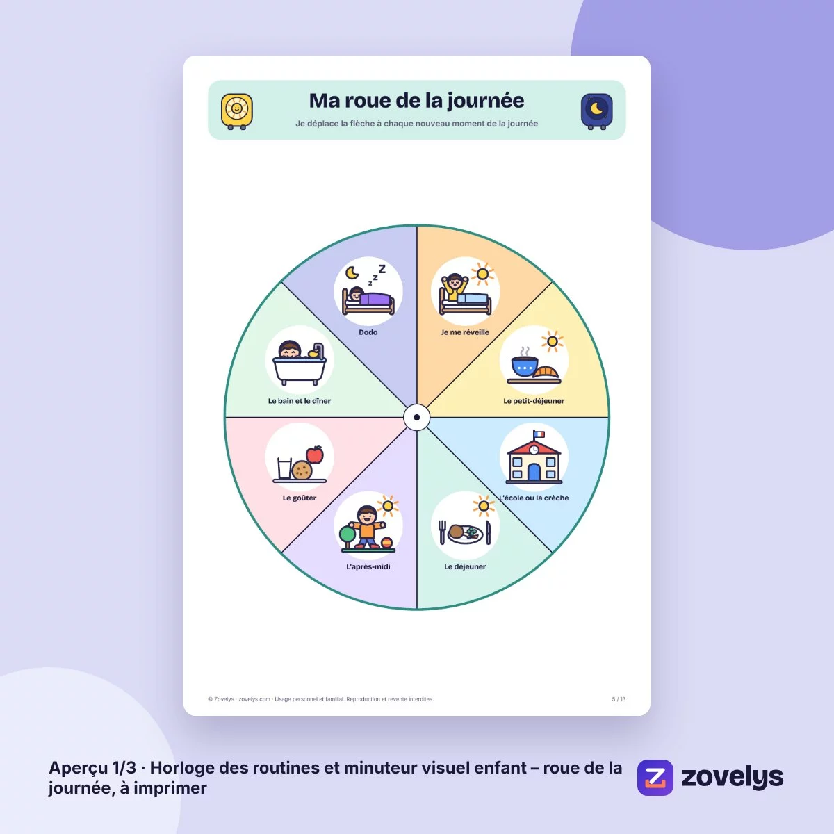 Horloge des routines et minuteur visuel enfant – roue de la journée, à imprimer – aperçu 1