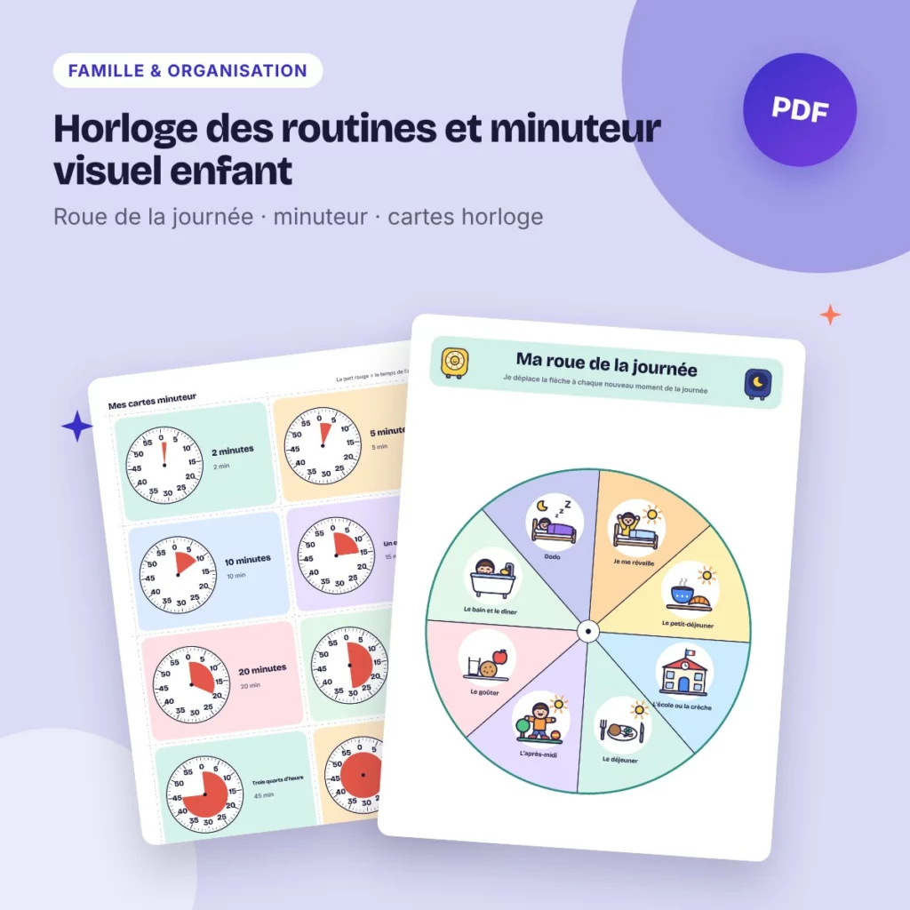 Horloge des routines et minuteur visuel enfant – roue de la journée, à imprimer