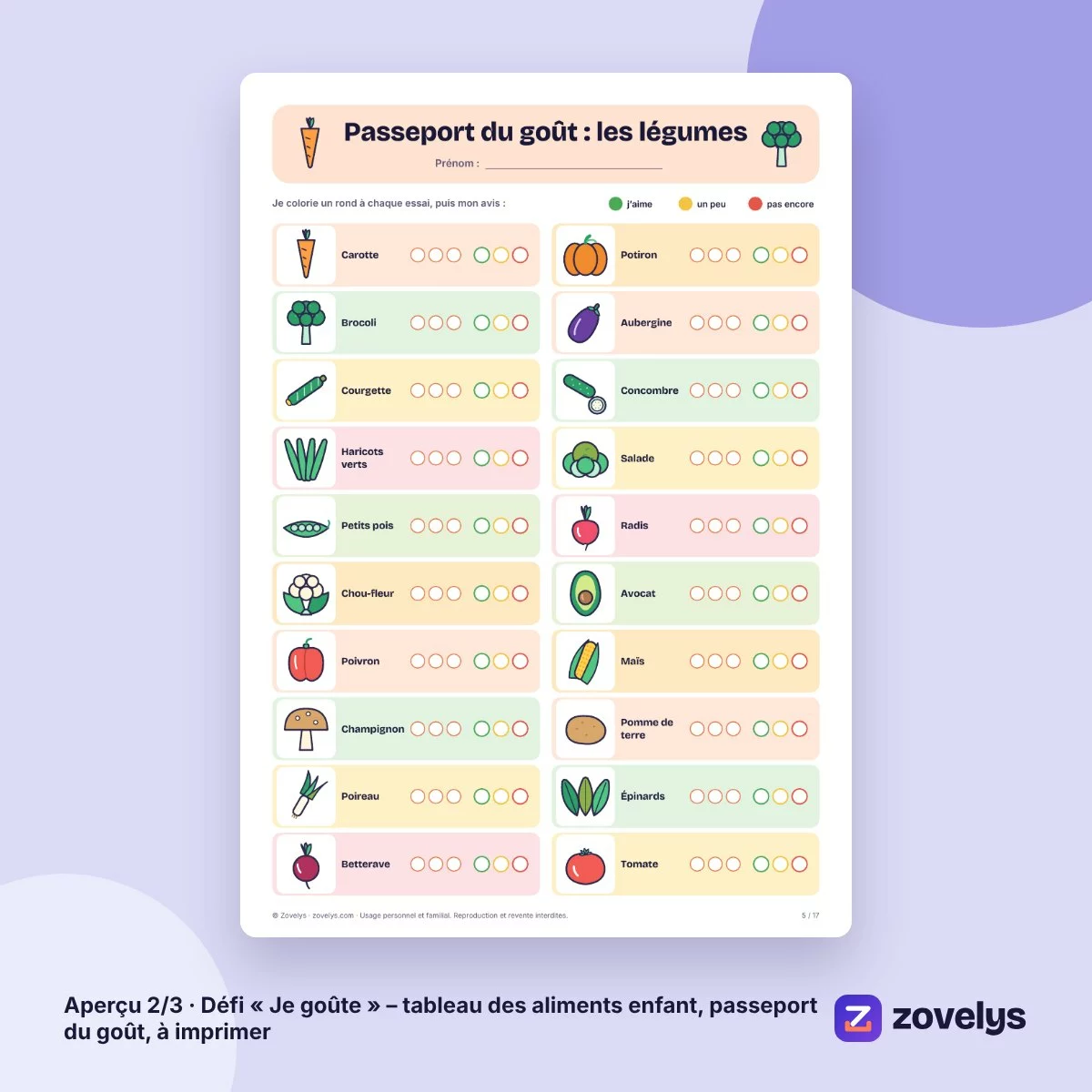 Défi « Je goûte » – tableau des aliments enfant, passeport du goût, à imprimer – aperçu 2