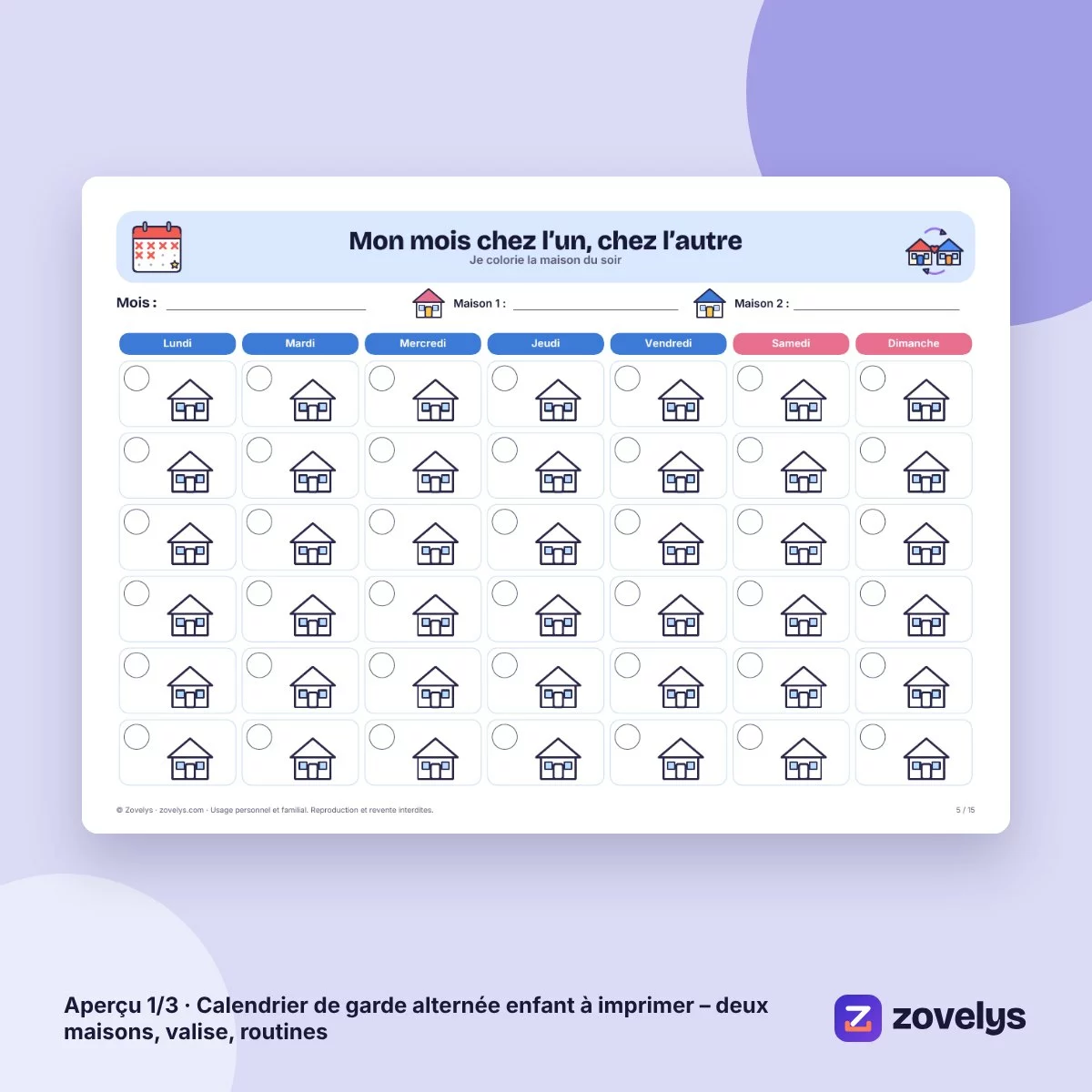 Calendrier de garde alternée enfant à imprimer – deux maisons, valise, routines – aperçu 1