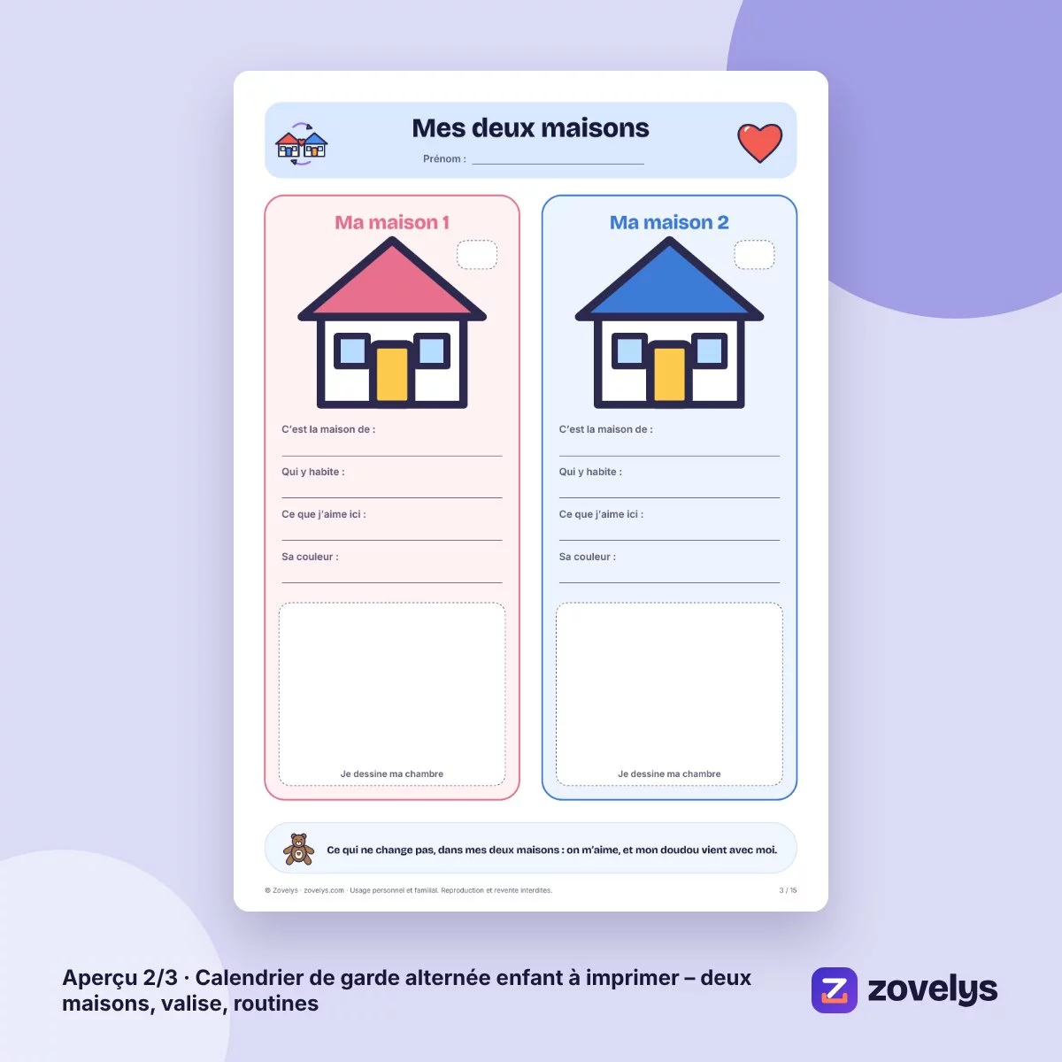 Calendrier de garde alternée enfant à imprimer – deux maisons, valise, routines – aperçu 2