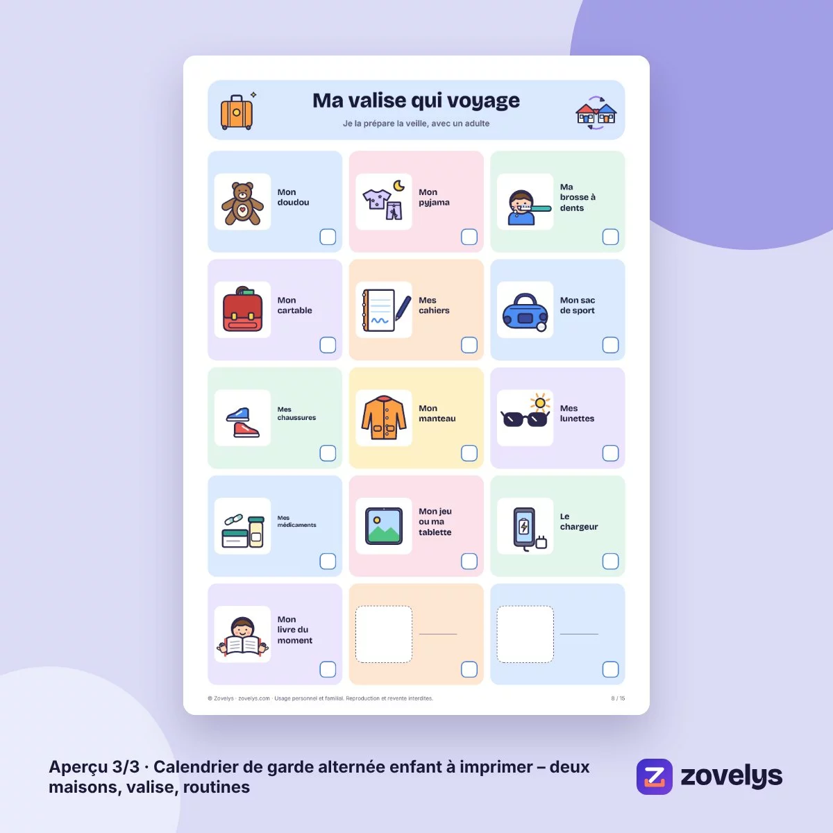 Calendrier de garde alternée enfant à imprimer – deux maisons, valise, routines – aperçu 3