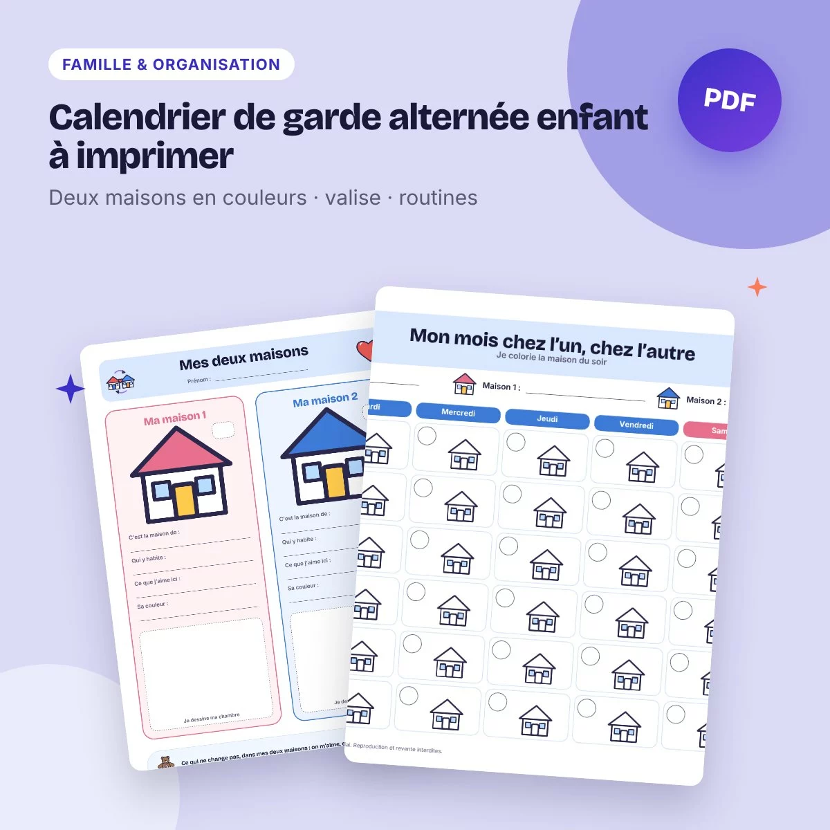 Calendrier de garde alternée enfant à imprimer – deux maisons, valise, routines