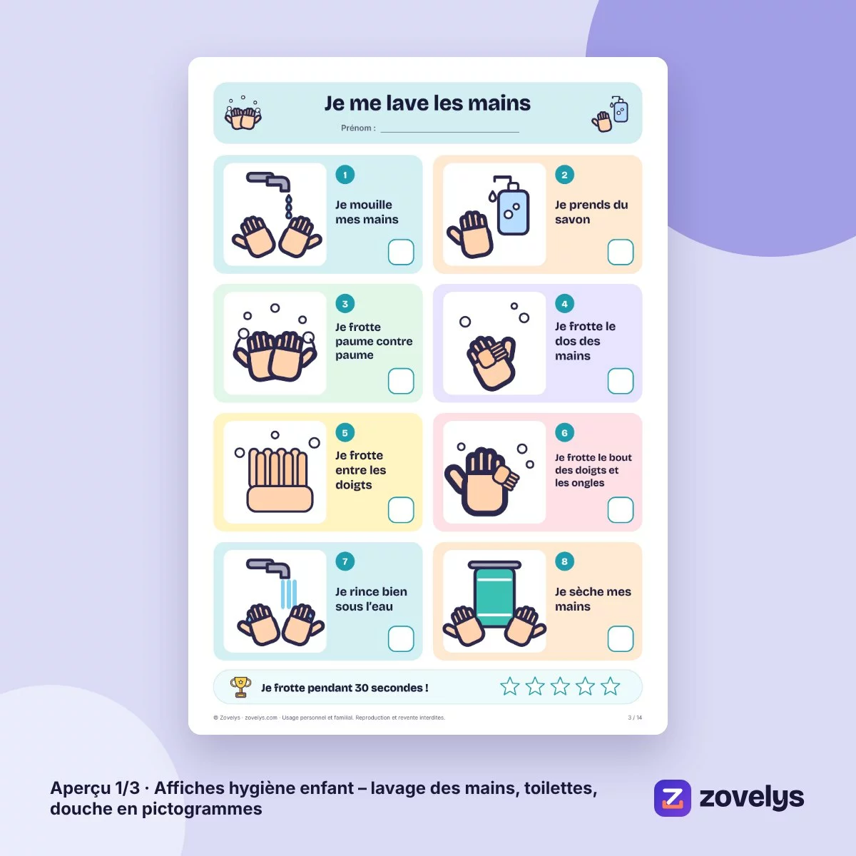 Affiches hygiène enfant – lavage des mains, toilettes, douche en pictogrammes – aperçu 1