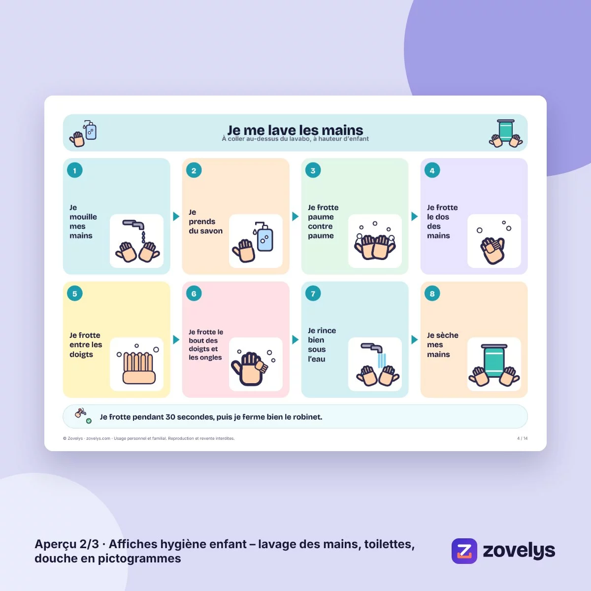 Affiches hygiène enfant – lavage des mains, toilettes, douche en pictogrammes – aperçu 2